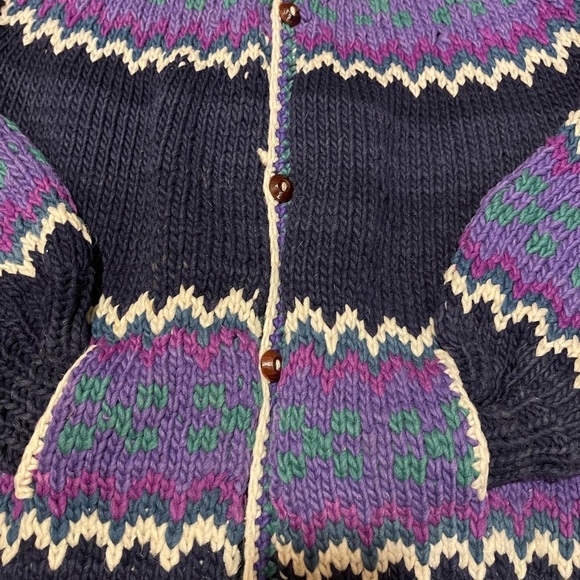 vintage hand-knit chunky wool cardigan sweater Fair Isle pattern blue teal - Picture 8 of 15